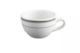 A white ceramic espresso cup with two thin green stripes near the rim, shown against a plain white background.
