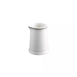 A small white ceramic pitcher or creamer with a flared base and a thin metallic rim, shown on a plain white background.