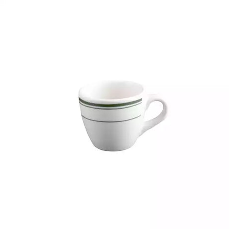 White espresso cup with green trim on white background