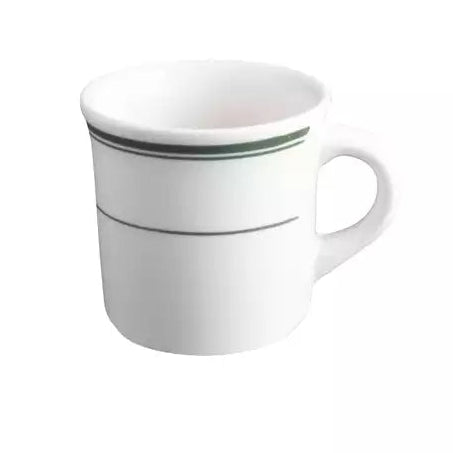 Large white mug with green trim on white background