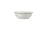 A white ceramic bowl with two thin green stripes near the rim, shown against a plain white background.