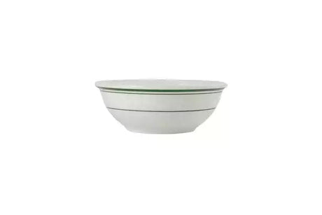 A white ceramic bowl with two thin green stripes near the rim, shown against a plain white background.