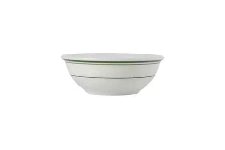Large white nappie bowl with green trim on white background