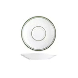Small white saucer with green trim on white background