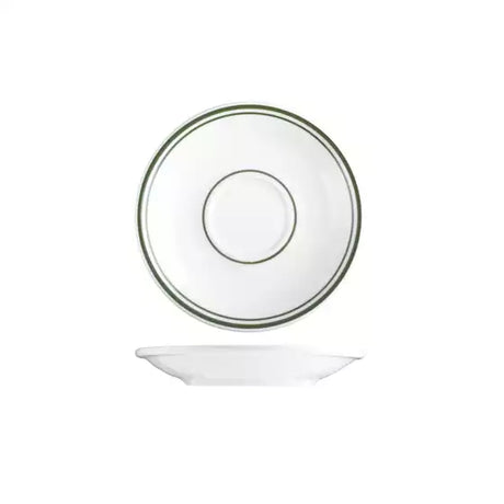 Small white saucer with green trim on white background