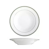 A white ceramic bowl shown from two angles: a top-down view displaying a double-lined rim with a dark green accent, and a side profile view below, set against a plain white background.