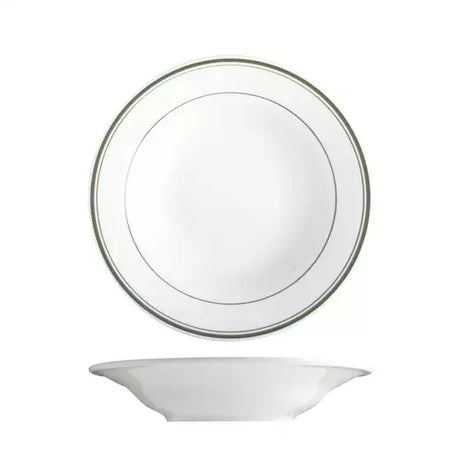 A white ceramic bowl shown from two angles: a top-down view displaying a double-lined rim with a dark green accent, and a side profile view below, set against a plain white background.