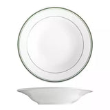 Large white soup or pasta bowl with green trim on white background