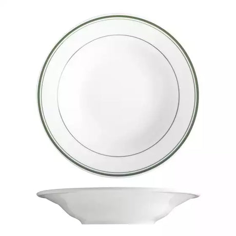 Large white soup or pasta bowl with green trim on white background