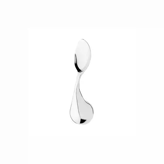A polished silver spoon with a uniquely sculpted, flowing handle, shown against a plain white background.