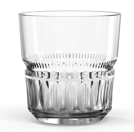 A clear glass with a geometric pattern on the upper part, intended for serving spirits or mixed beverages.