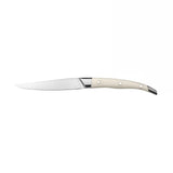 Pointed tip steak knife with a white handle on a white background