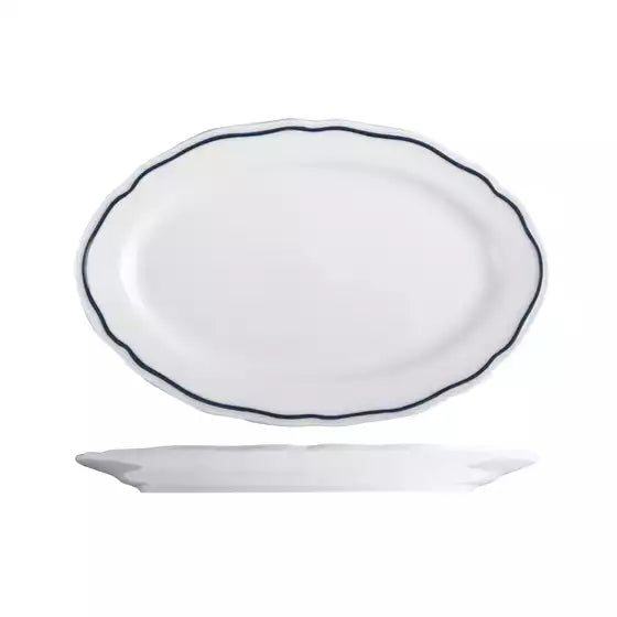 Small round white oval plate with wide rim and blue band on white background