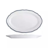 Small round white oval plate with wide rim and blue band on white background