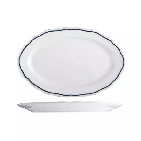 Small round white oval plate with wide rim and blue band on white background