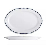 Large white oval plate with wide rim and blue band on a white background