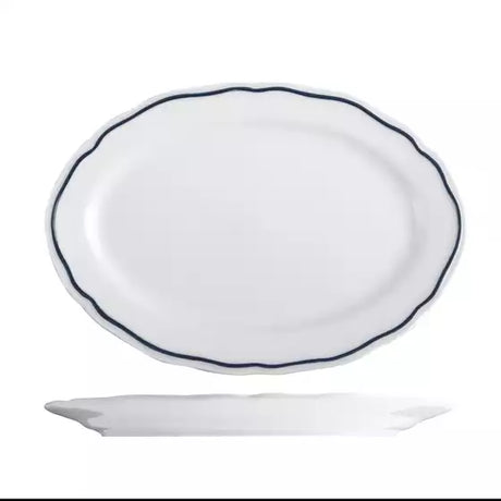 Large white oval plate with wide rim and blue band on a white background
