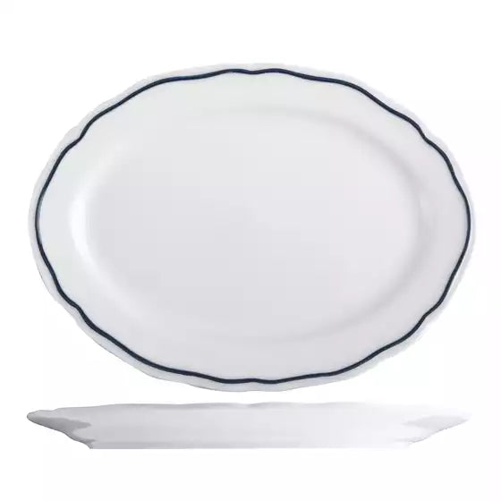 Very large white oval plate with blue band on white background