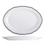Very large white oval plate with blue band on white background