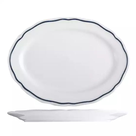 Very large white oval plate with blue band on white background