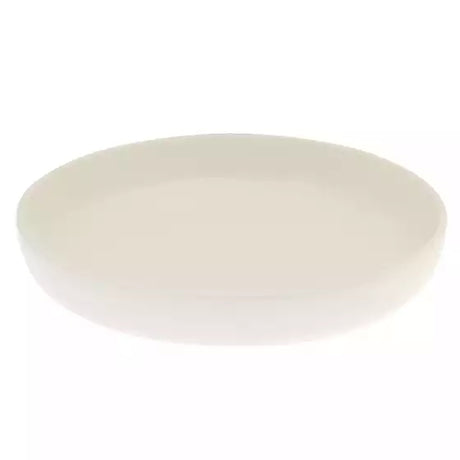 An ivory coloured deep round plate on a white background