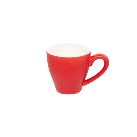 A red porcelain cappuccino cup with a white interior and handle on the right side, displayed against a white background.