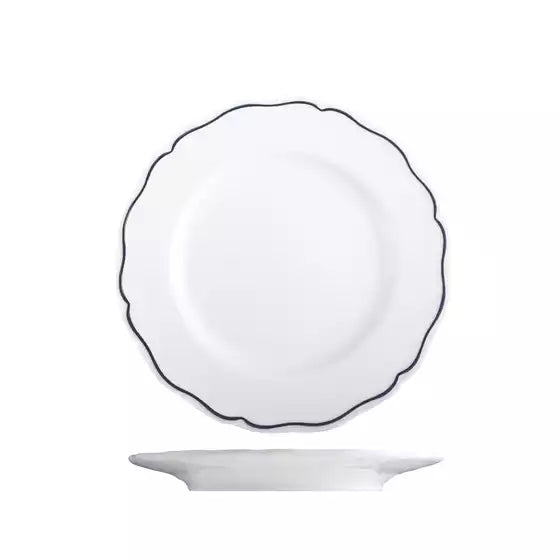 Small round wide rimmed scalloped white plate with a blue band around the ourtside