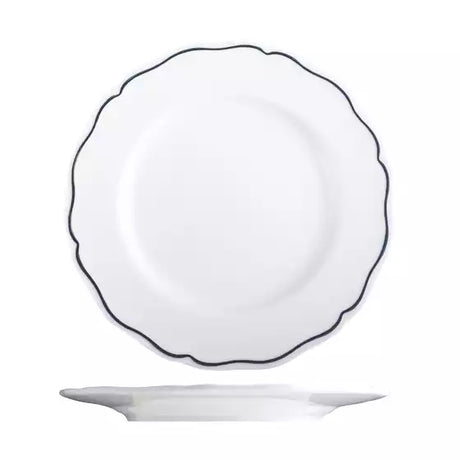 Medium sized wide rimmed scalloped round plate with blue band with a diameter of 230mm