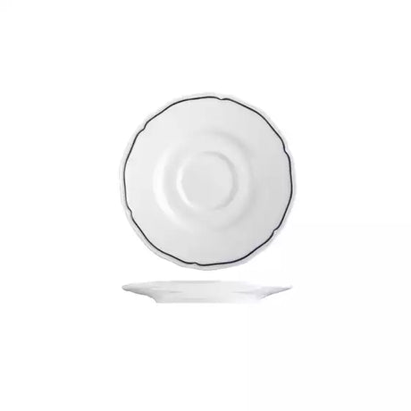 White scalloped saucer with a blue band on a white background