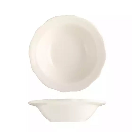 Round scalloped bowl with a wide rim on a white background