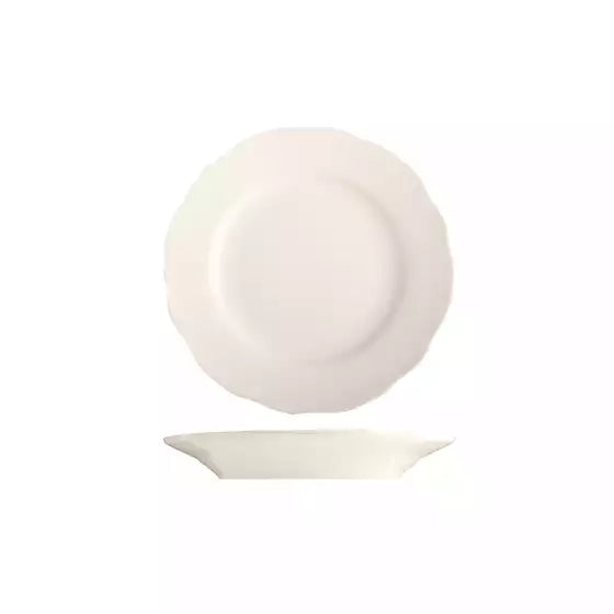 White small scalloped side plate with wide rim on white background