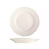A white ceramic dinner plate with a scalloped rim, shown from a top-down view above a matching shallow white saucer on a plain white background.
