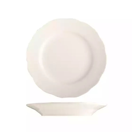 A white ceramic dinner plate with a scalloped rim, shown from a top-down view above a matching shallow white saucer on a plain white background.