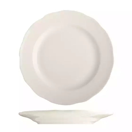 Scalloped round white plate on white background