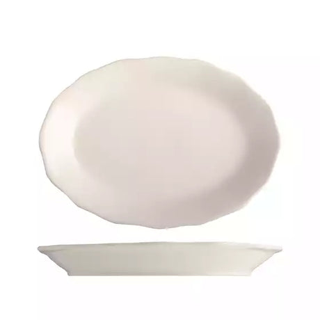 Small scalloped white oval platter with a wide rim on a white background