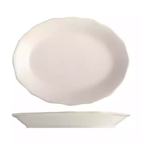 Medium white scalloped oval plate with wide rim on a white background