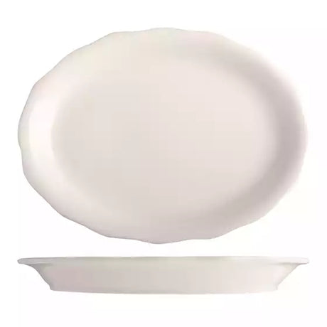 Large white scalloped oval plate with wide rim on white background