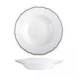 White Soup or pasta bowl with wide rim and blue band on a white background