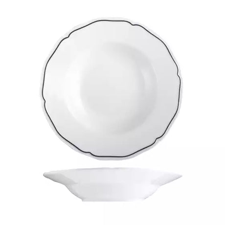 White Soup or pasta bowl with wide rim and blue band on a white background
