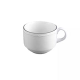 A white ceramic cup with a small handle and a subtle scalloped rim, shown on a plain white background.