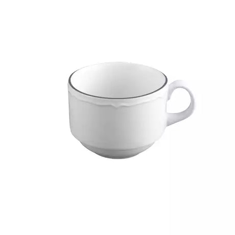 A white ceramic cup with a small handle and a subtle scalloped rim, shown on a plain white background.