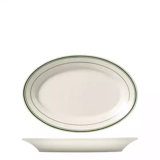 Large white oval plate 388mm x 280mm with green trim on white background
