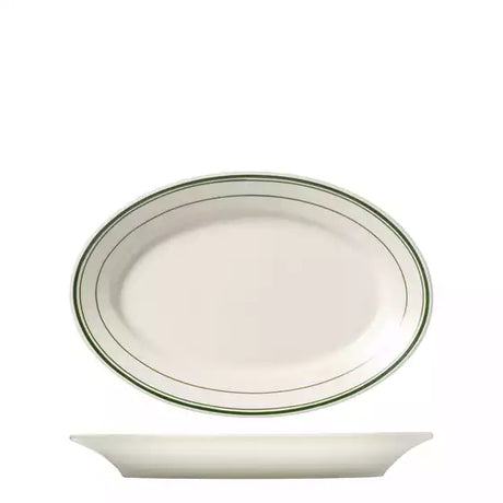 Large white oval plate 388mm x 280mm with green trim on white background