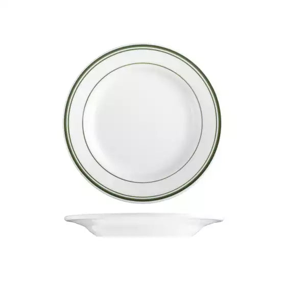 169mm round white plate with green troim on white background