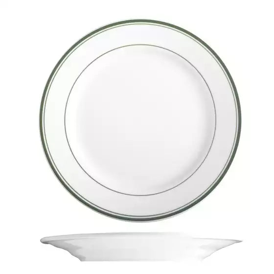 A white ceramic plate with a double green stripe border, shown from a top-down view with a matching bottom edge view below it, on a plain white background.