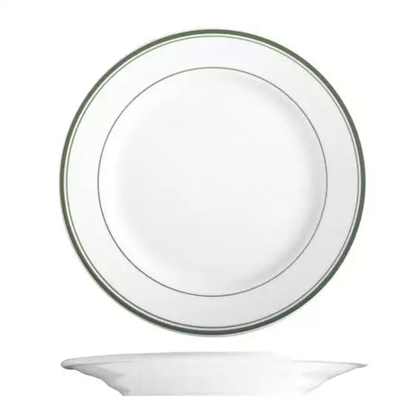 A white ceramic plate with a double green stripe border, shown from a top-down view with a matching bottom edge view below it, on a plain white background.