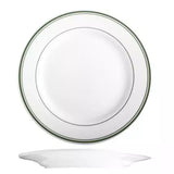 A white ceramic plate with a double green stripe border, shown floating above its matching saucer on a white background.