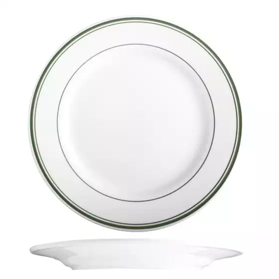 A white ceramic plate with a double green stripe border, shown floating above its matching saucer on a white background.