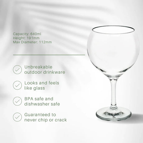 Unbreakable outdoor drinkware glass with specifications on a light gray background
