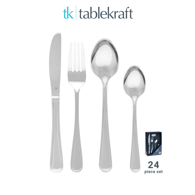 Cutlery Set - 24Pc, Melrose from Tablekraft. Packed in a gift box and sold in boxes of 1. Hospitality quality at wholesale price with The Flying Fork! 